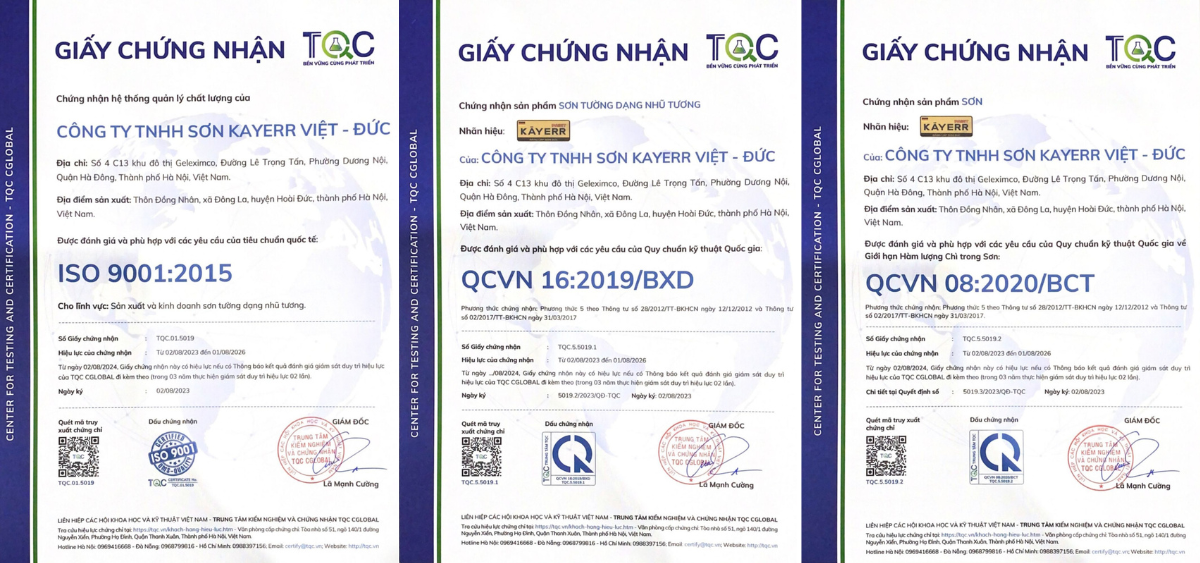 Giấy chứng nhận chất lượng sản phẩm của Sơn Kayerr Việt - Đức